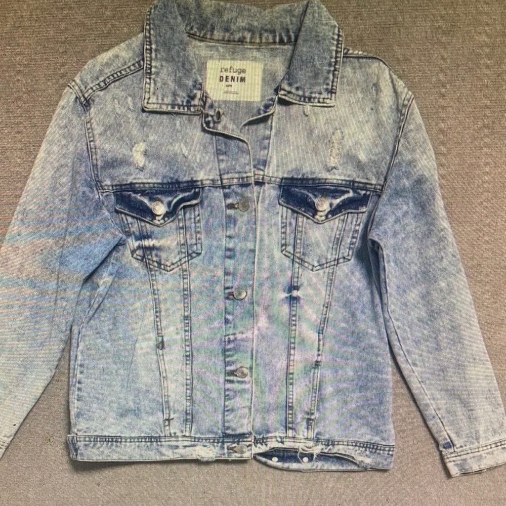 Refuge Denim Jacket Womens Medium Blue Distressed Jean Coat Button Front